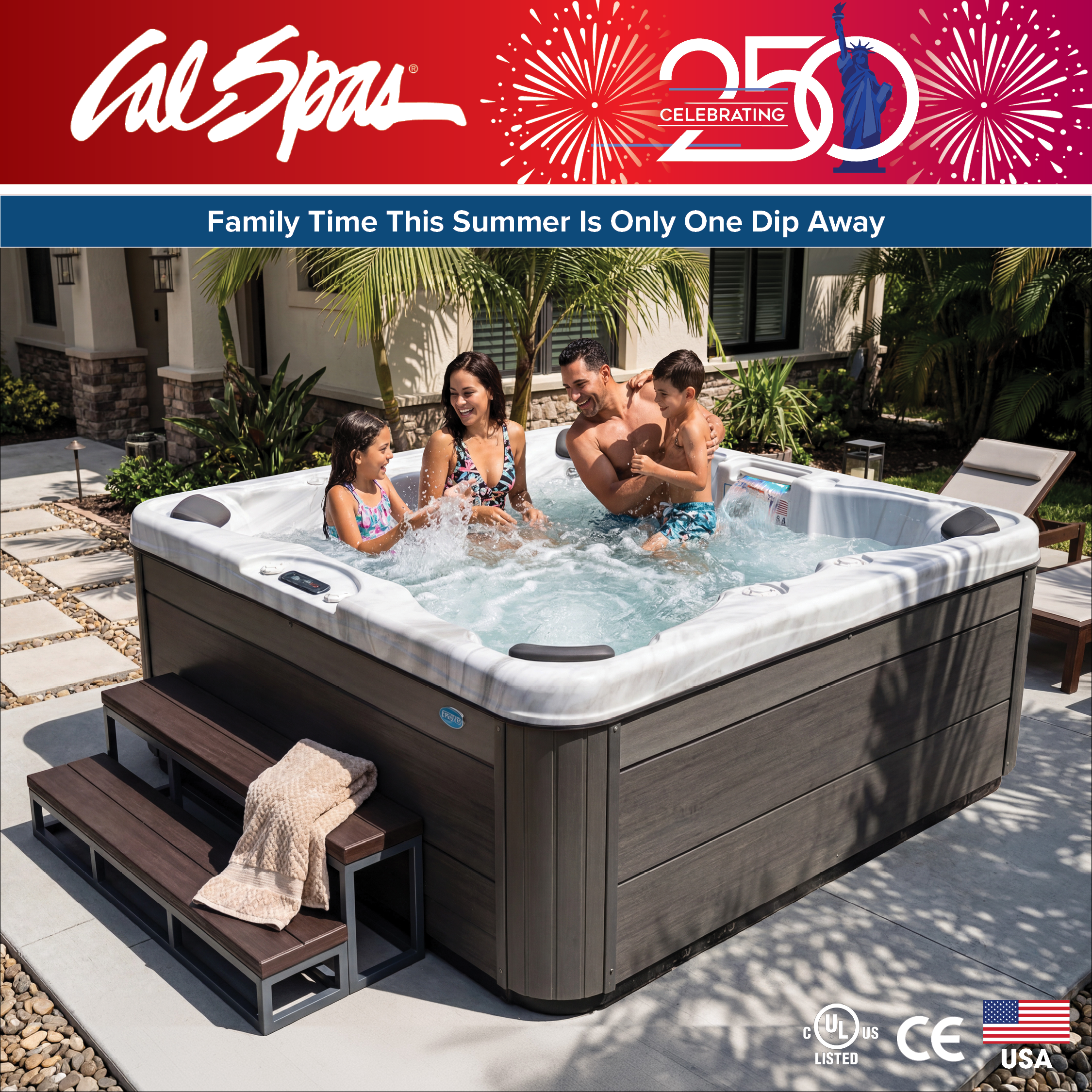 Calspas hot tub being used in a family setting - Lake George